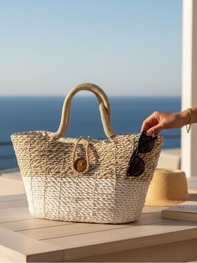Woven Two-Tone Seagrass Tote Bag - Natural & White
